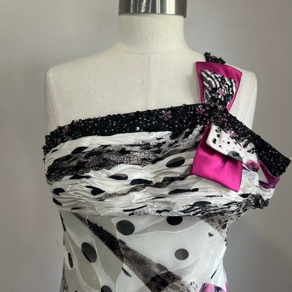 Dave & Johnny Silk One Shoulder Beaded Formal Evening Maxi Gown Y2K 4 - Picture 5 of 9